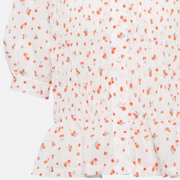 $ SEE BY CHLOE Floral Blouse White Cherry Pattern Fruit Print Ruched Puff Sleeve - Picture 4 of 4